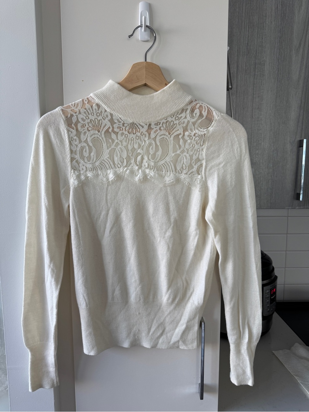 Forever New Ivory Lace-Yoke Mock Neck Sweater